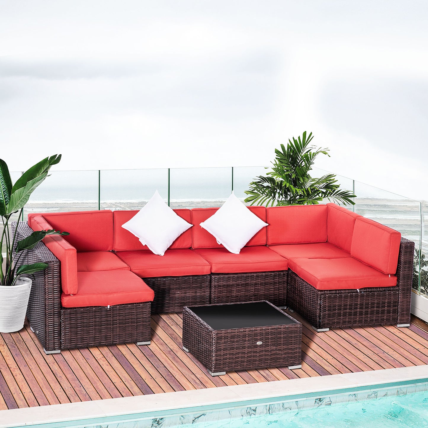 Outsunny 7 Pieces Patio Wicker Sofa Set, Outdoor PE Rattan Sectional Conversation Furniture Set w/ Tempered Glass Coffee Table, Red | Aosom Canada
