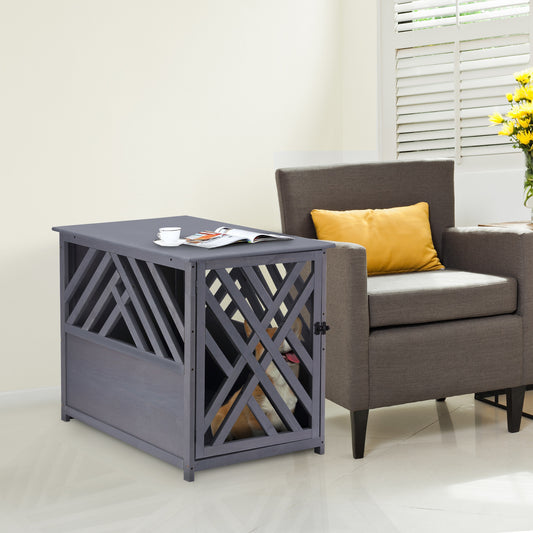 PawHut Furniture Style Wood Dog Crate End Table Decorative Dog Cage Kennel Lattice Night Stand with Lockable Door, Indoor Use, Grey | Aosom Canada