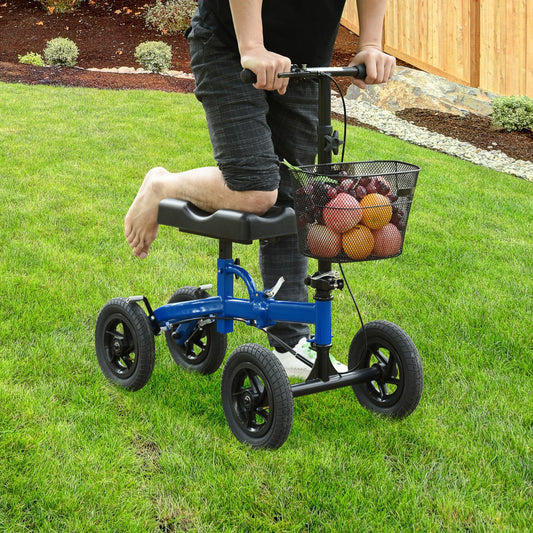 HOMCOM All Terrain Knee Walker Scooter Foldable Mental Steerable Walker w/ Mental Storage Basket Knee Scooter Crutches Blue/Black | Aosom Canada