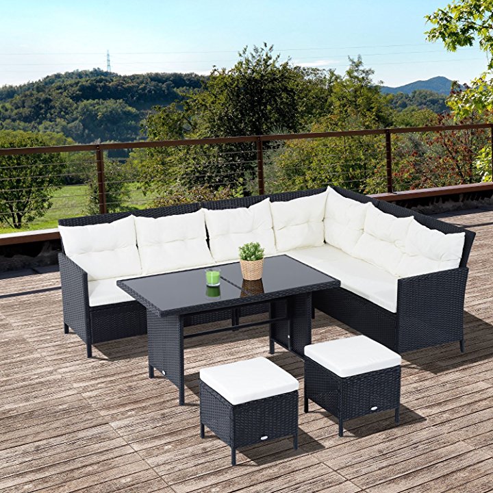 Outsunny 6pcs Outdoor Rattan Sofa Set Garden Wicker Sectional Couch Patio Furniture Set 8 Seats Dining Table and Chair Cushion Black | Aosom Canada