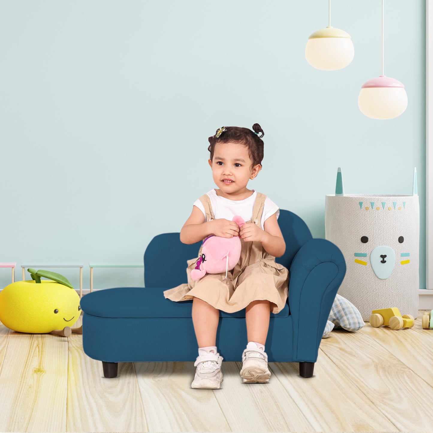Qaba Kids Sofa, Toddler Couch with Storage Compartment, Children Chaise Lounge, Armrest Chair for Kids, Eucalyptus Wood, Blue | Aosom Canada