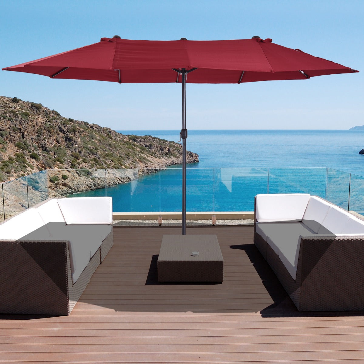 Outsunny 15' Outdoor Patio Umbrella with Twin Canopy Sunshade Steel Table Umbrella with Lift Crank Wine Red | Aosom Canada