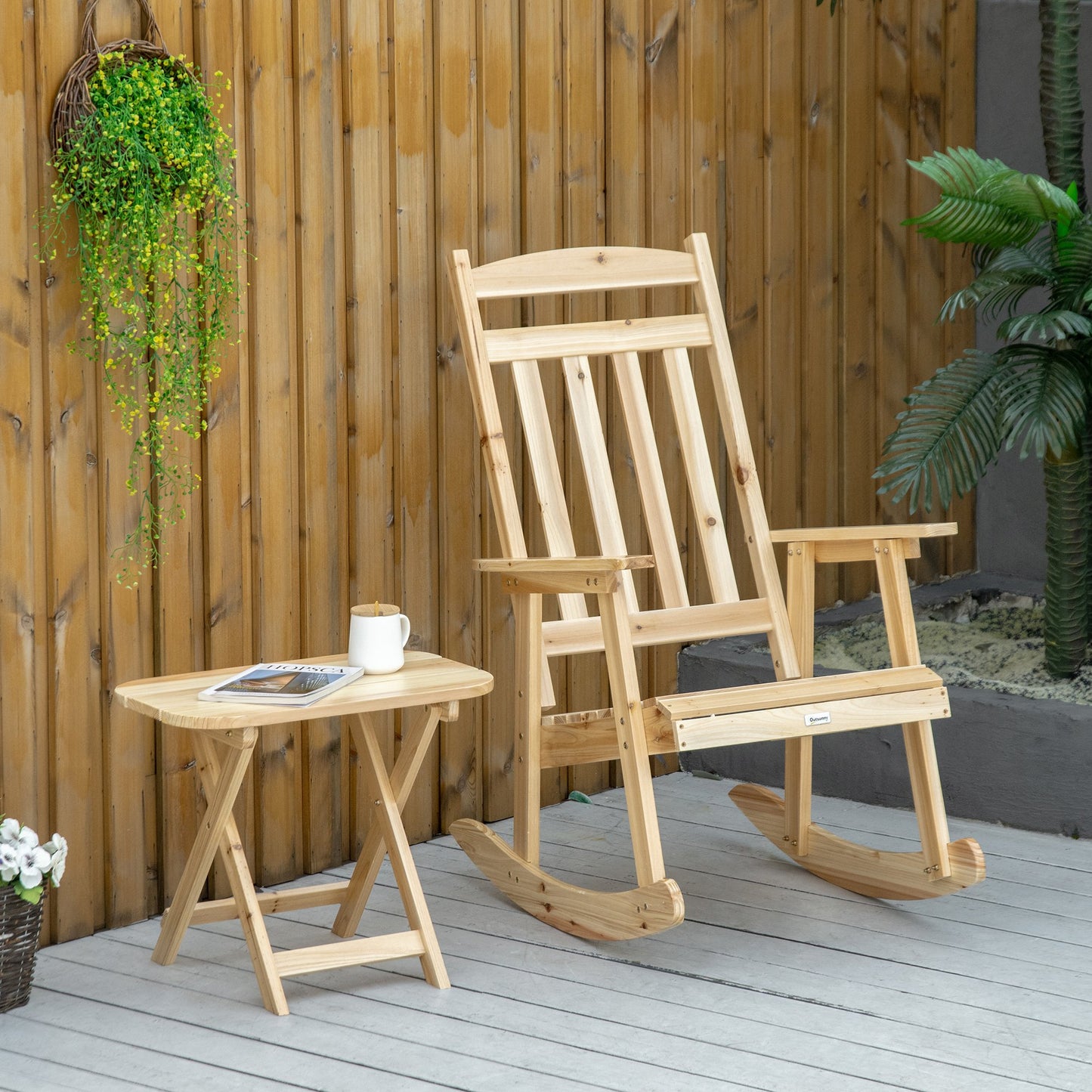 Outsunny Wooden Rocking Chair Set, 2-Piece Outdoor Porch Rocker with Foldable Table for Patio, Backyard and Garden, Natural | Aosom Canada