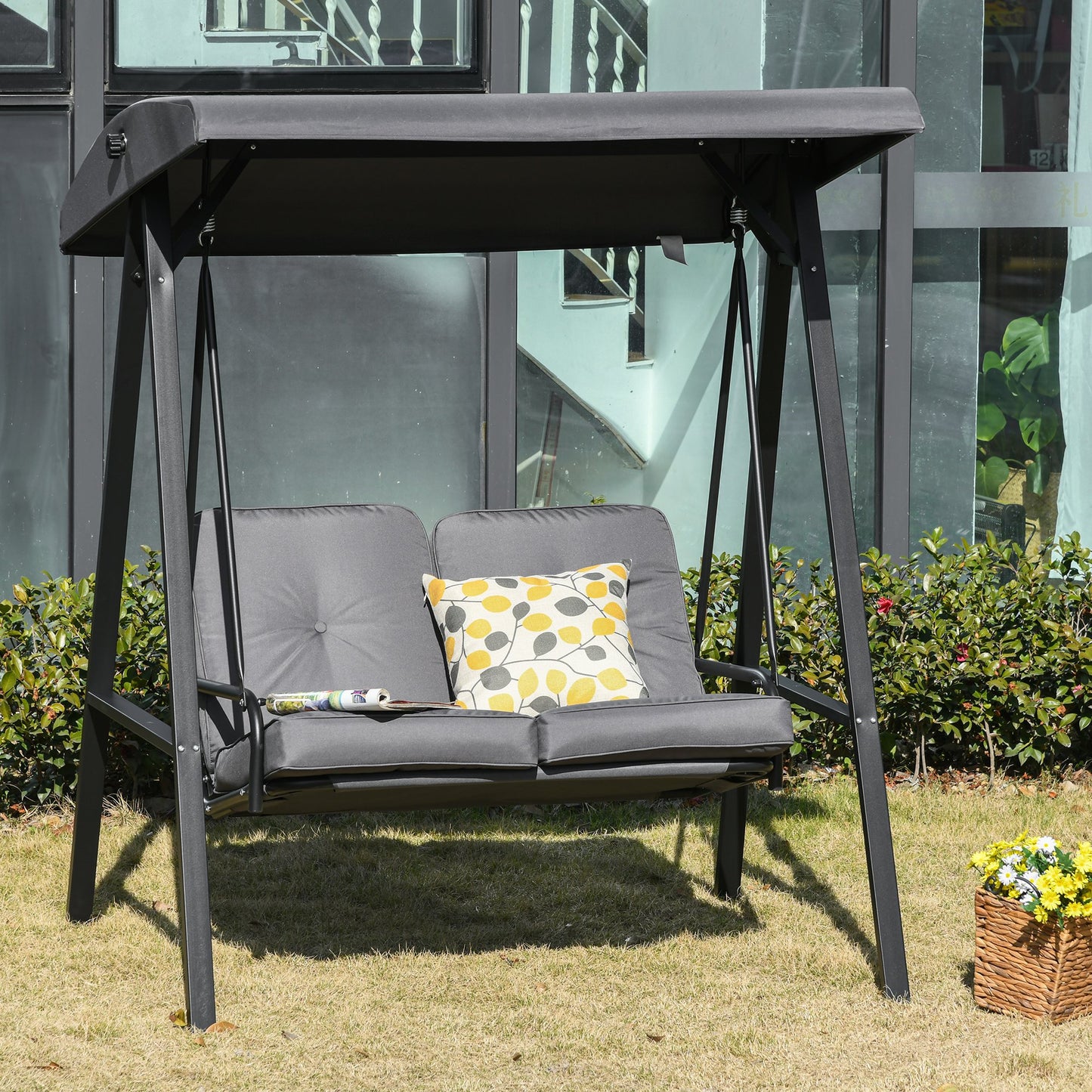 Outsunny 2 Seater Covered Outdoor Swing Chair Lounger Hammock Bench with Cushion Tilt Canopy, Grey | Aosom Canada