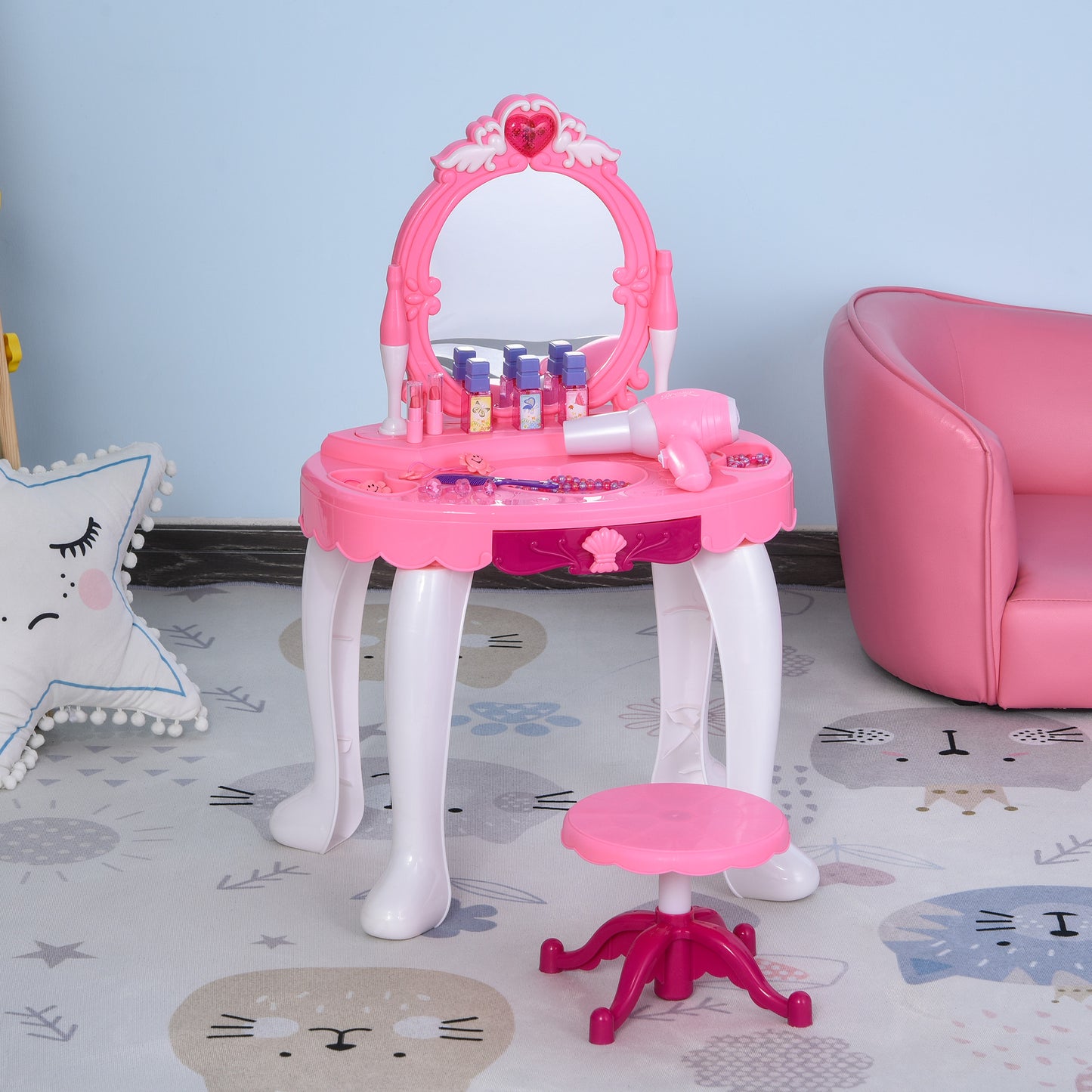 Qaba Children Dressing Table Set Girls Pretend Princess Vanity Table Chair w/ Music Lightening Cosmetic Mirror Hair Dryer Pink | Aosom Canada