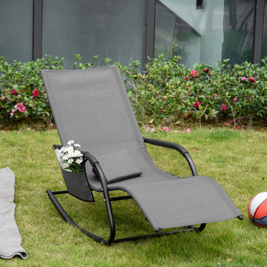 Outsunny Outdoor Rocking Recliner, Sling Sun Lounger with Removable Headrest and Side Pocket for Garden, Patio and Deck, Grey | Aosom Canada