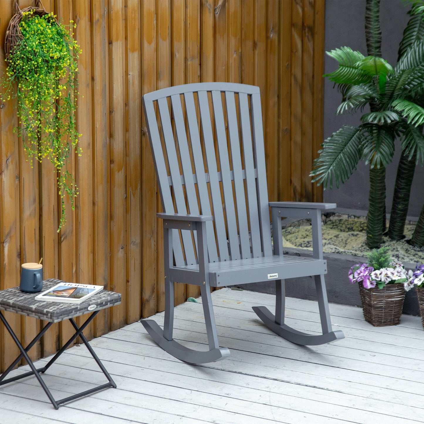 Outsunny Wooden Rocking Chair, Traditional Porch Rocker, Fade-Resistant Patio Rocker Chair for Outdoor Indoor Use, Grey | Aosom Canada