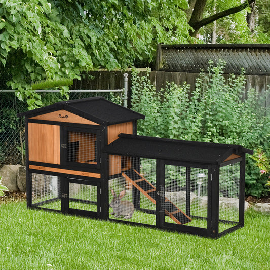 PawHut 69" Wooden Rabbit Hutch Pet Playpen Bunny House Enclosure with Run Box for Rabbits and Small Animals, Black Box Tray Ramp | Aosom Canada