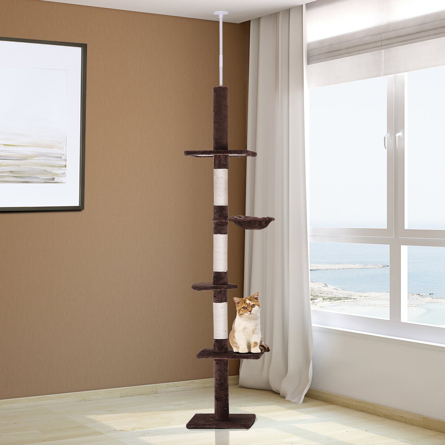 PawHut 8.5ft Cat Climbing Scratching Post Cat Tree Canada  5-Tier Cat Tower Activity Center Floor-to-Ceiling Climber Toy Play Brown | Aosom Canada