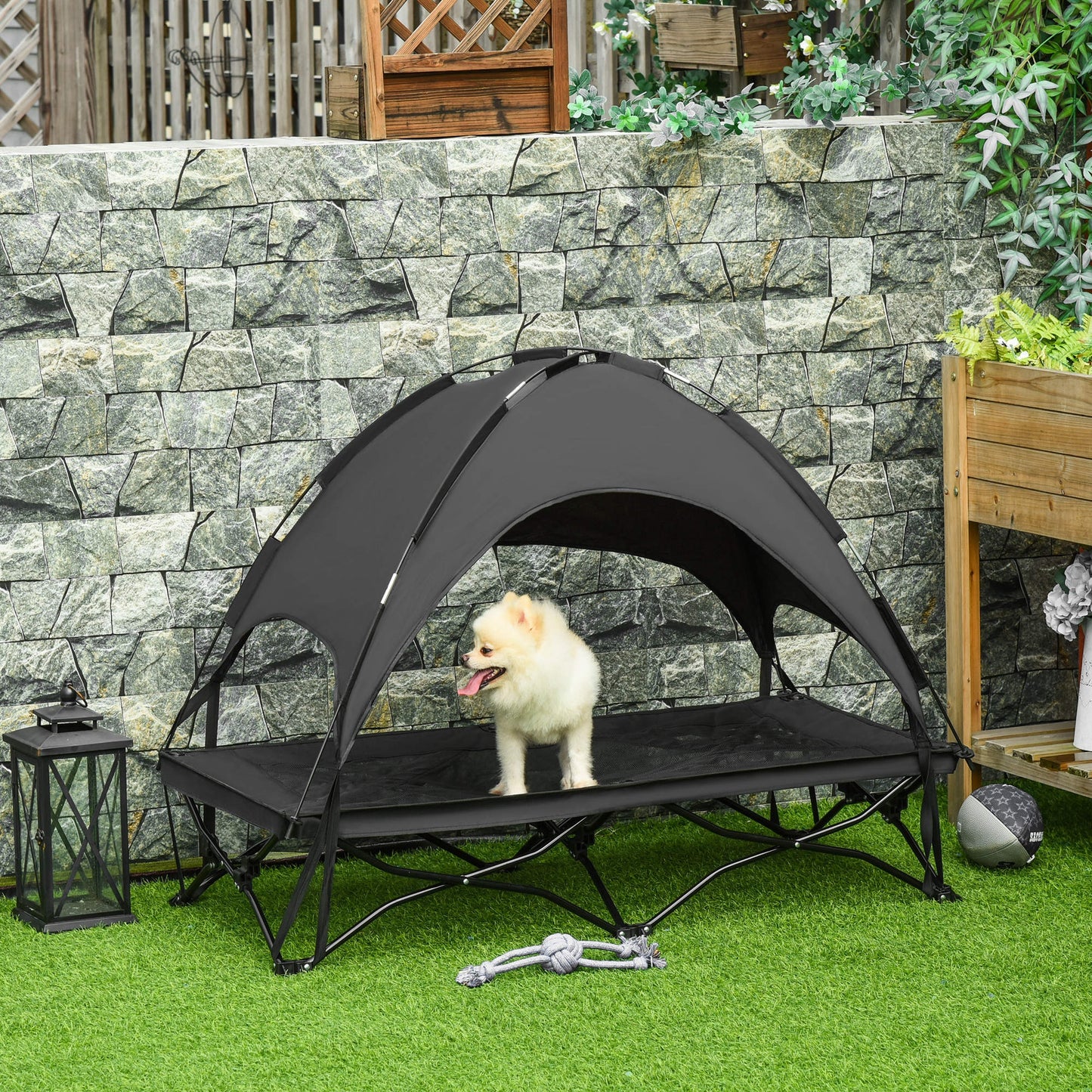 PawHut Elevated Pet Cot with Removable Canopy Shade UV Protection Foldable Raised Bed Cot for Large and Medium-sized Dogs Black | Aosom Canada