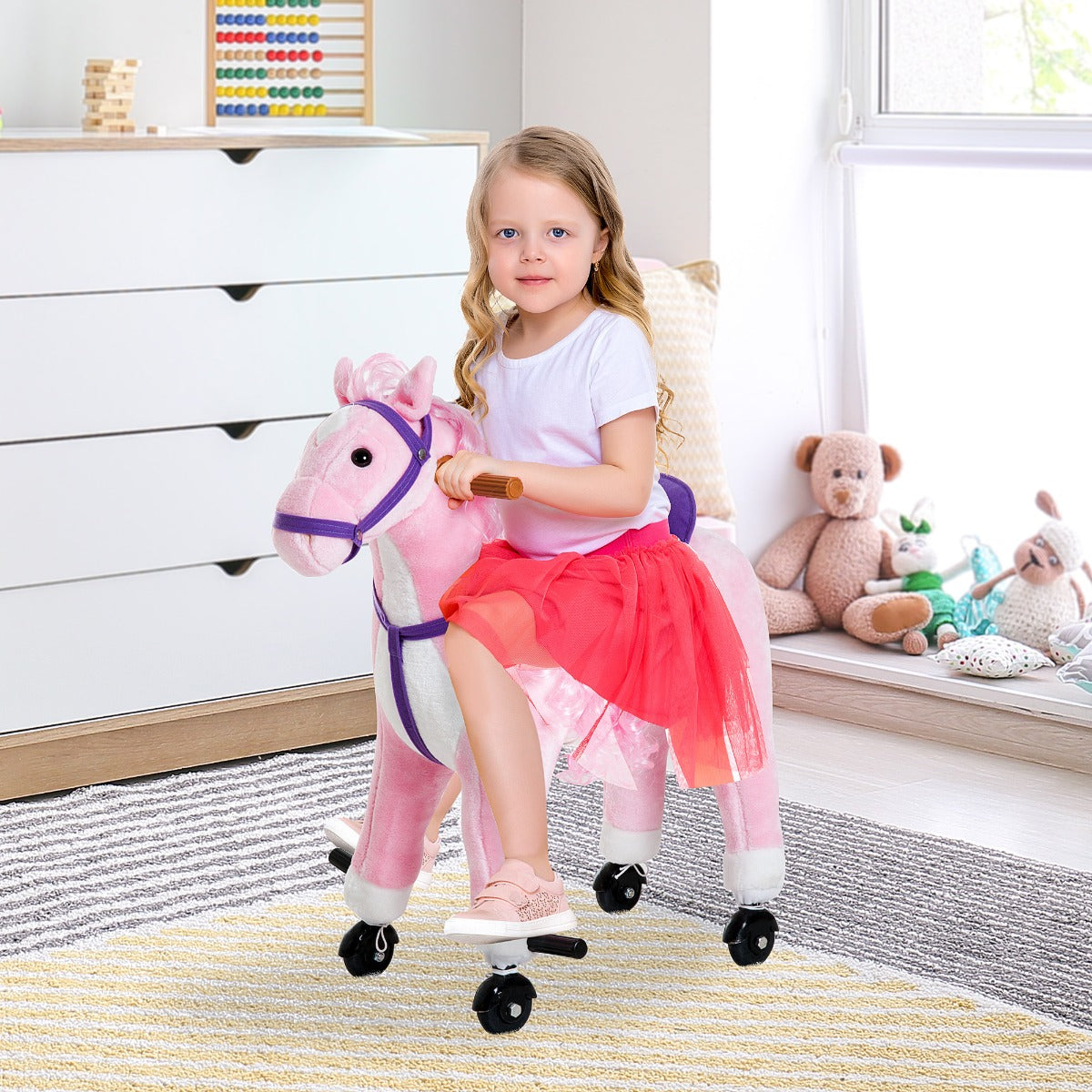 Qaba Kids Walking Poney Ride on Toy Rocking Horse Neigh Sound Plush w/ Wheel Child Gift 110lb Weight Capacity Pink | Aosom Canada