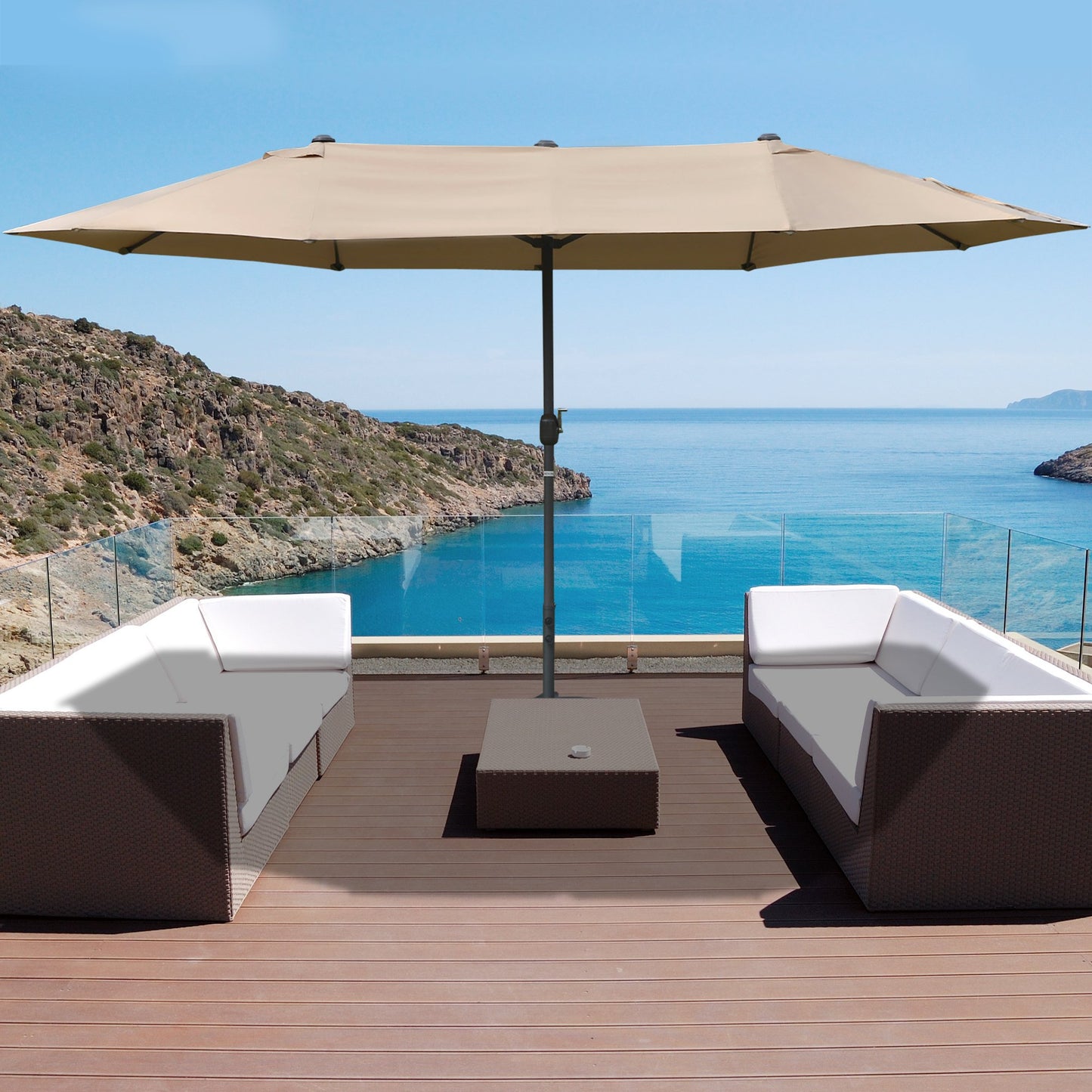 Outsunny 15' Outdoor Patio Umbrella with Twin Canopy Sunshade Steel Table Umbrella with Lift Crank, Cross base, Sandbag, Khaki | Aosom Canada