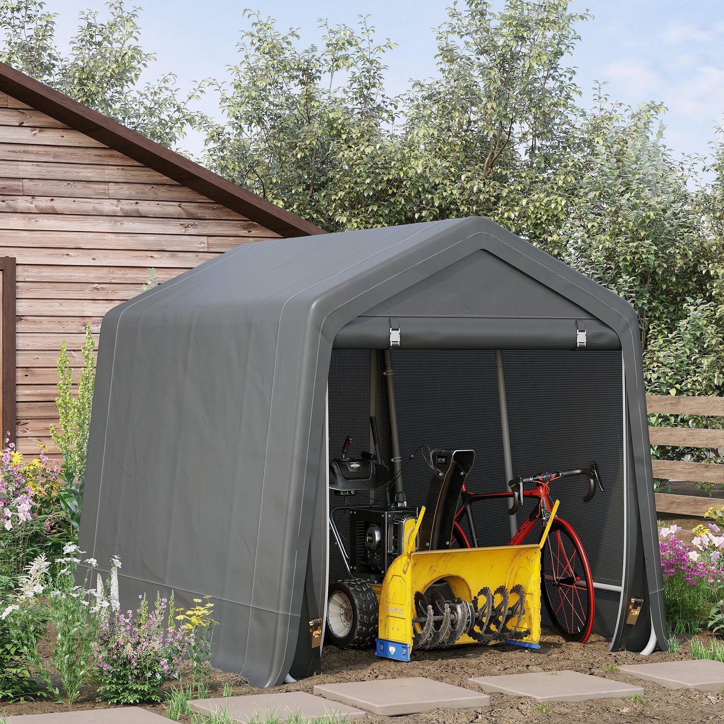 Outsunny 9.2' x 7.9' Garden Storage Tent, Heavy Duty Bike Shed, Patio Storage Shelter w/ Metal Frame and Double Zipper Doors, Dark Grey | Aosom Canada