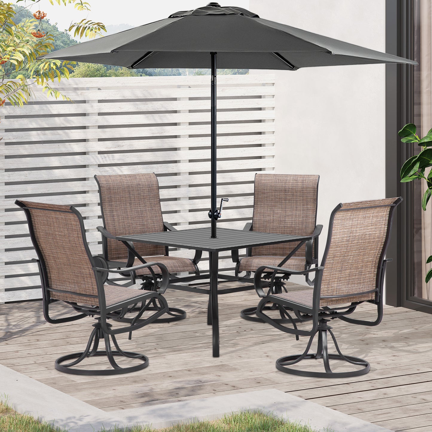 Outsunny 5-Piece Outdoor Patio Dining Set, 4 Swivel Rocker Chairs and 37" x 37" Dining Table Furniture Set with Umbrella Hole, Brown | Aosom Canada
