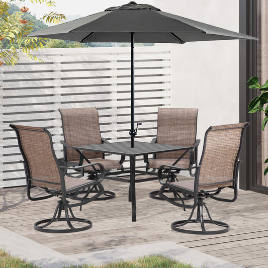 Outsunny 5-Piece Outdoor Patio Dining Set, 4 Swivel Rocker Chairs and 37" x 37" Dining Table Furniture Set with Umbrella Hole, Brown | Aosom Canada