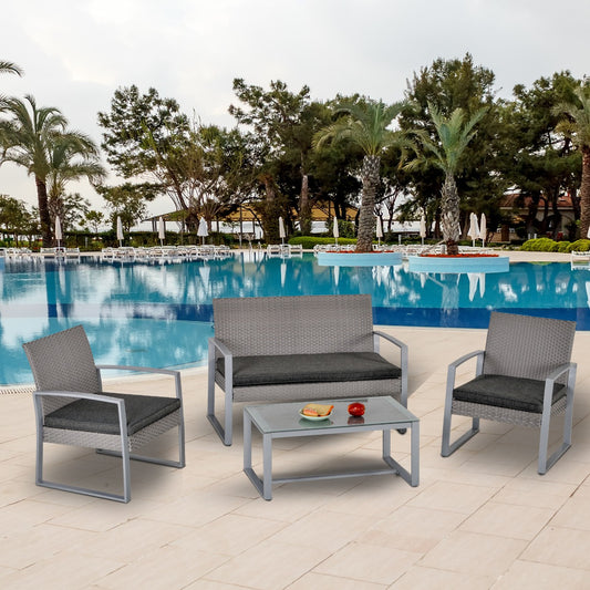 Outsunny 4 PCs PE Rattan Wicker Sofa Set Outdoor Conservatory Furniture Lawn Patio Coffee Table w/ Cushion, Grey | Aosom Canada