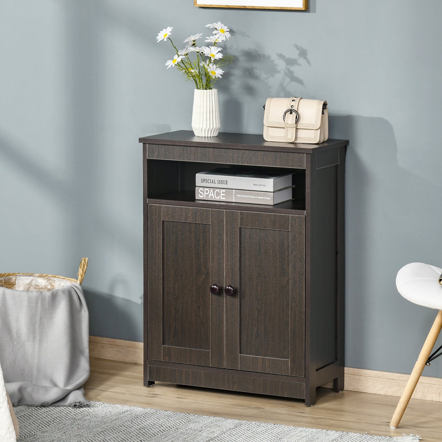 HOMCOM Accent Cabinet, Wood Free Standing Storage Organizer with Double Doors and Adjustable Shelf for Living Room, Kitchen, Brown | Aosom Canada