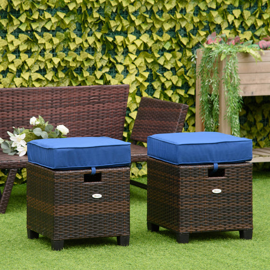 Outsunny 2 PCS Patio Wicker Ottoman Set, Two Square Outdoor PE Rattan Footrest with Removable Cushion, Blue | Aosom Canada