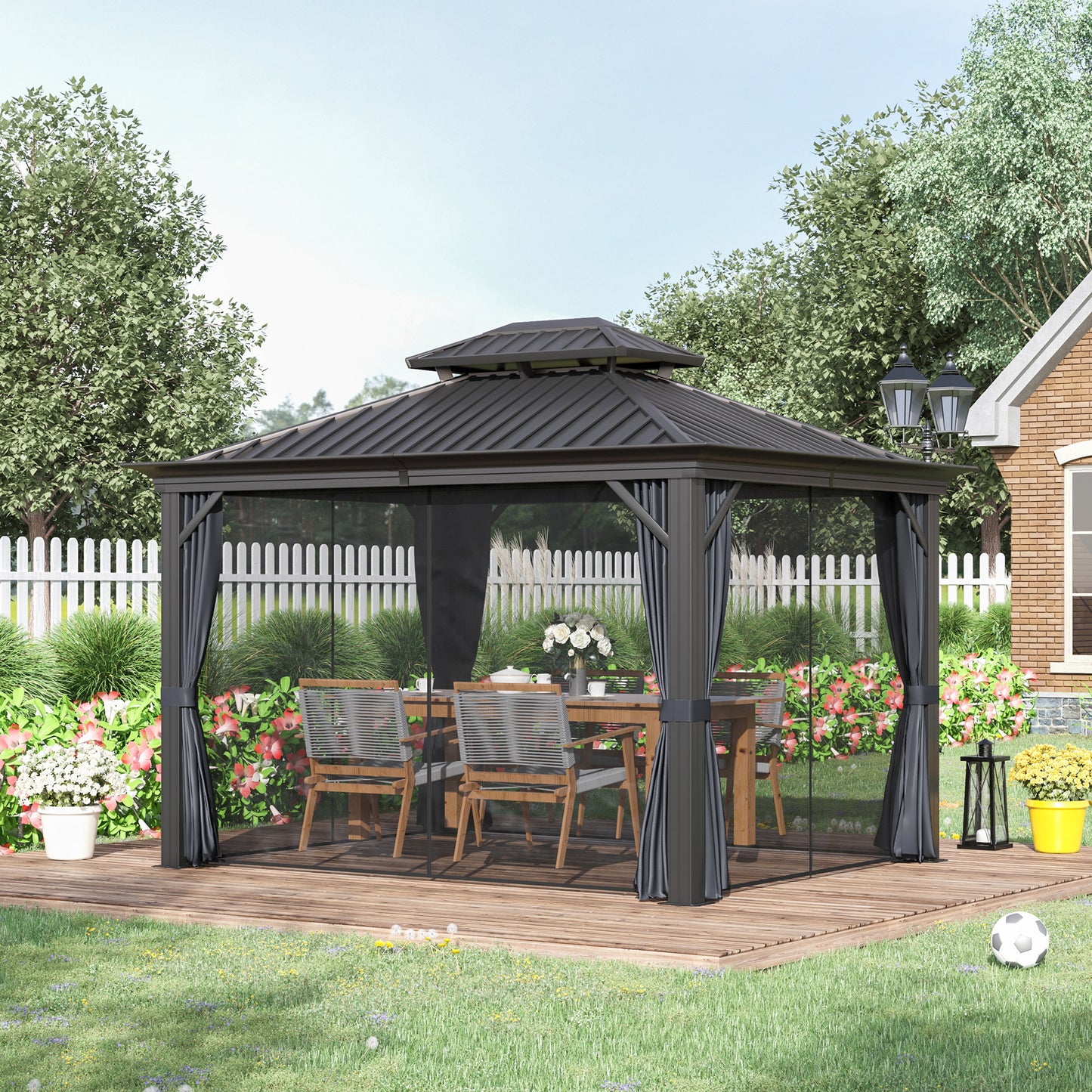 Outsunny 12' x 10' Outdoor Hardtop Gazebo with Galvanized Steel Canopy & Netting Sidewalls for Lawn, Backyard, Dark Grey | Aosom Canada