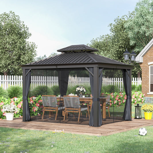 Outsunny 12' x 10' Outdoor Hardtop Gazebo with Galvanized Steel Canopy & Netting Sidewalls for Lawn, Backyard, Dark Grey | Aosom Canada
