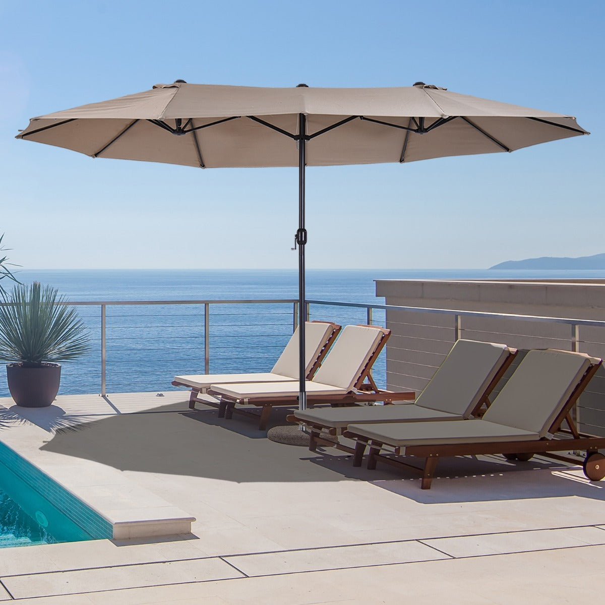 Outsunny 15' Outdoor Patio Umbrella with Twin Canopy Sunshade Steel Table Umbrella with Lift Crank Tan | Aosom Canada