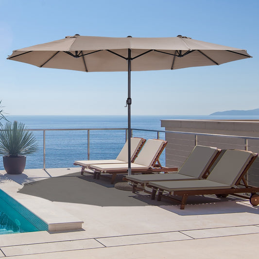 Outsunny 15' Outdoor Patio Umbrella with Twin Canopy Sunshade Steel Table Umbrella with Lift Crank Tan | Aosom Canada