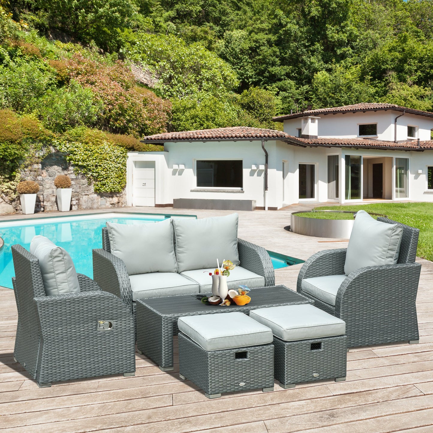 Outsunny 6-PCs Patio Furniture Sets Outdoor Wicker Sofa Set Rattan Angle Adjustable Recline Single Chair Conversation Set, Grey | Aosom Canada