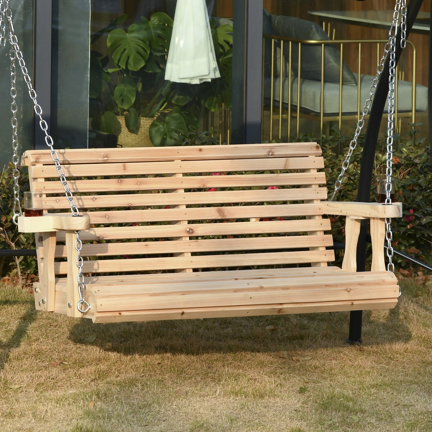 Outsunny 2 Seater Outdoor Porch Swing Seat with Cup Holder, Chains Wooden Hammock Bench for Garden Patio Yard | Aosom Canada