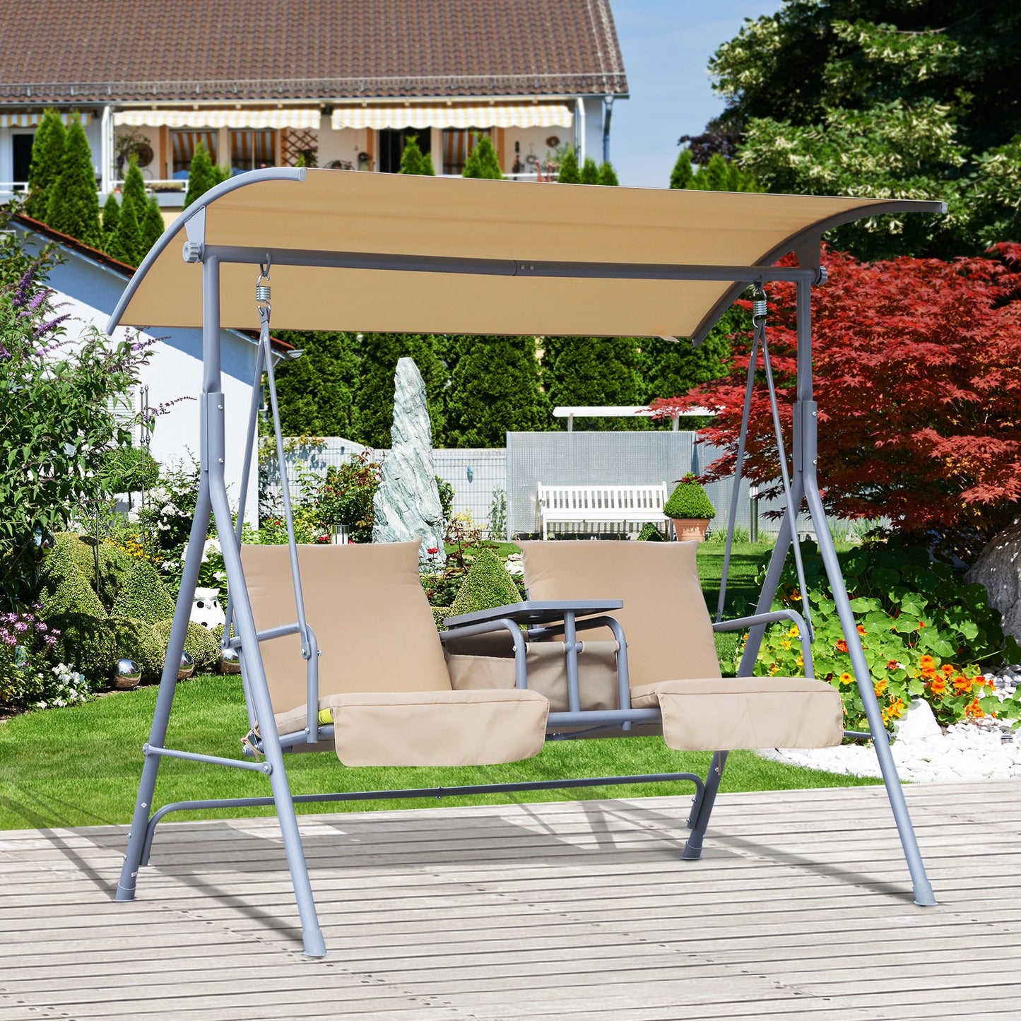 Outsunny Double Swing Chair 2 Person Covered w/ Pivot Table & Storage Console Beige | Aosom Canada