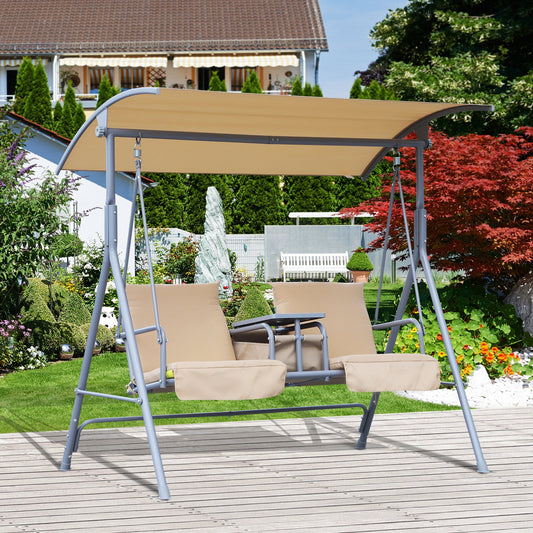Outsunny Double Swing Chair 2 Person Covered w/ Pivot Table & Storage Console Beige | Aosom Canada
