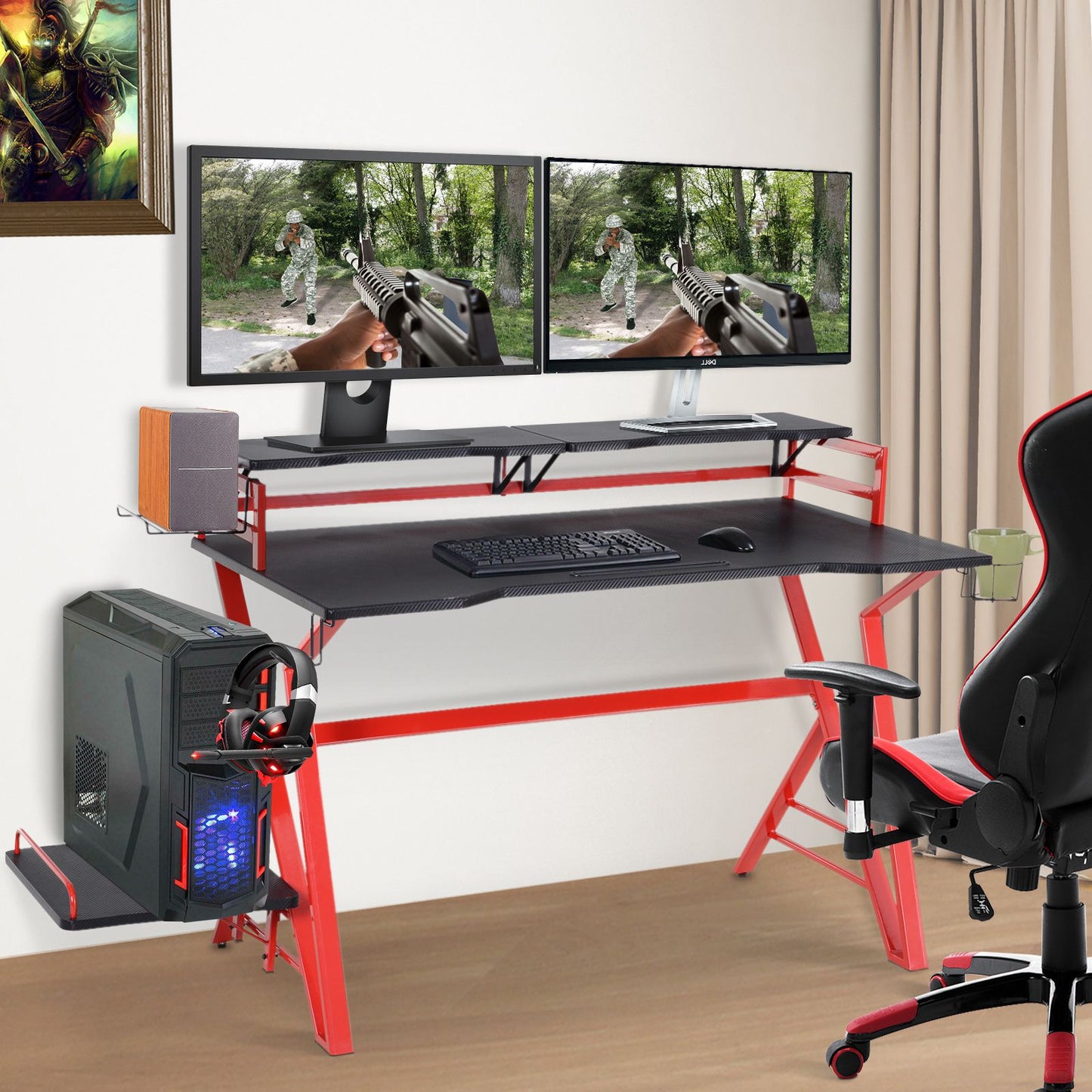 Homcom 66" Small Computer Desks For Gamers Workstation 2 Monitor Stand Cup Holder Headphone Hook Desk For Home Office Black & Red | Aosom Canada