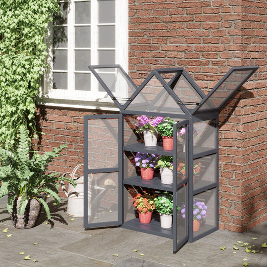 Outsunny Wooden Cold Frame Greenhouse Garden Portable Raised Planter with 3 Tier Shelves, Openable Top, 28"x17"x52", Grey | Aosom Canada