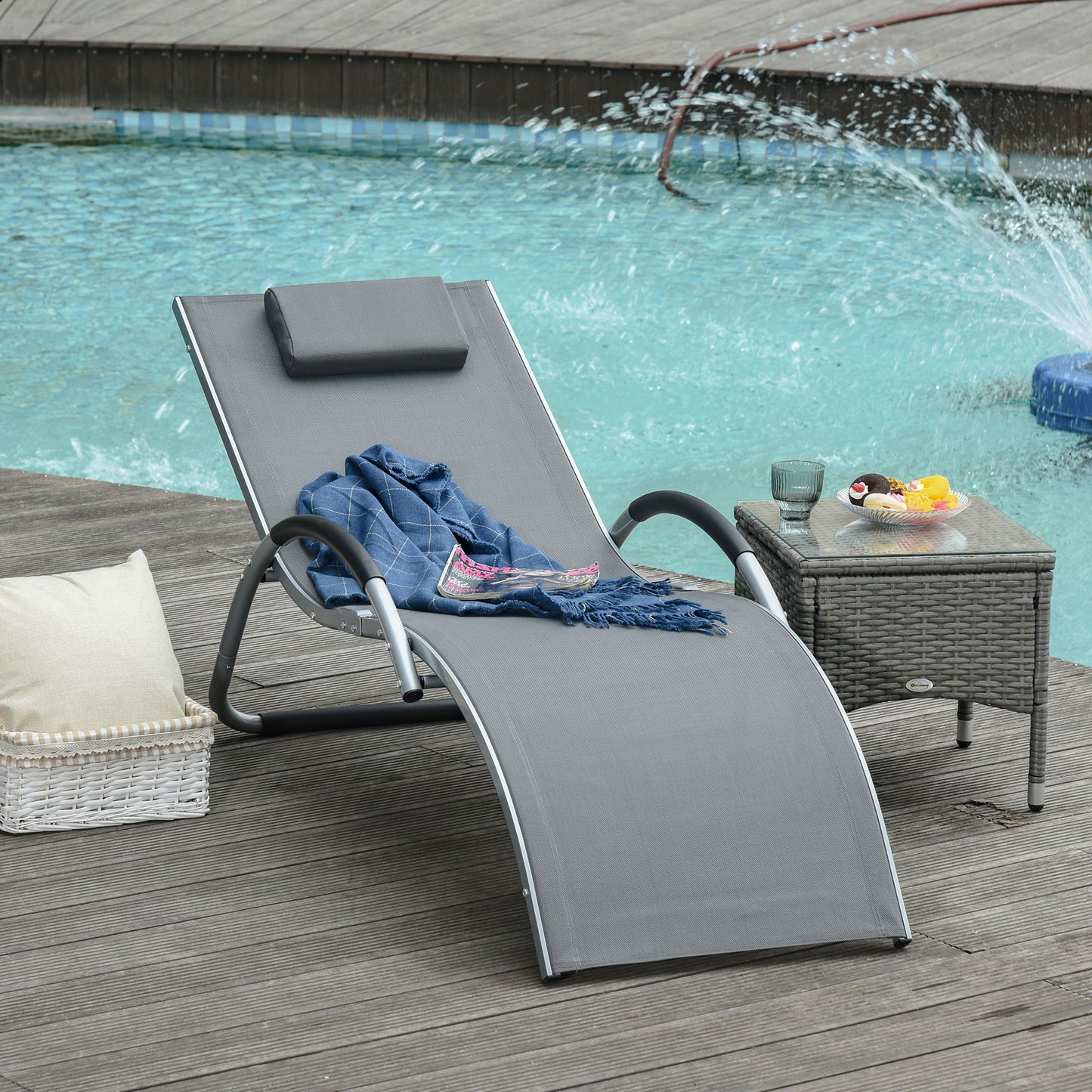 Outsunny Ergonomic Lounger Chair Portable Armchair with Removable Headrest Pillow for Garden Patio Outside All Aluminum Frame Dark Grey | Aosom Canada