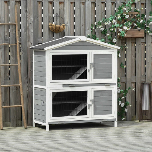 PawHut 47" 2-Floor Large Rabbit Hutch Wooden Pet House Multi-door Bunny Cage Small Animal Habitat Run Area Asphalt Roof for Outdoor Use | Aosom Canada