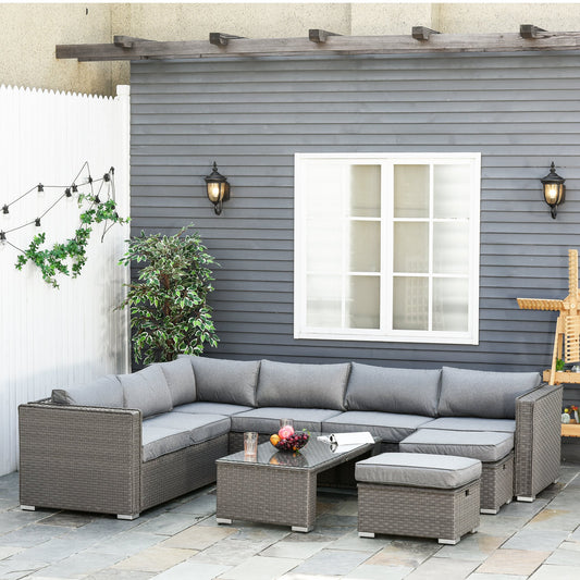Outsunny 6 PCs PE Rattan Wicker Corner Sofa Set Outdoor Conservatory Furniture Lawn Patio Coffee Table Footstool w/ Cushion - Grey | Aosom Canada