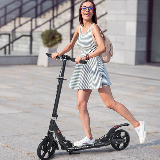 Soozier Foldable Kick Scooter with Adjustable Handlebar Disc Brake Rear Brake Solid Wheels and Shock Absorption System 100kg Capacity|Aosom Canada
