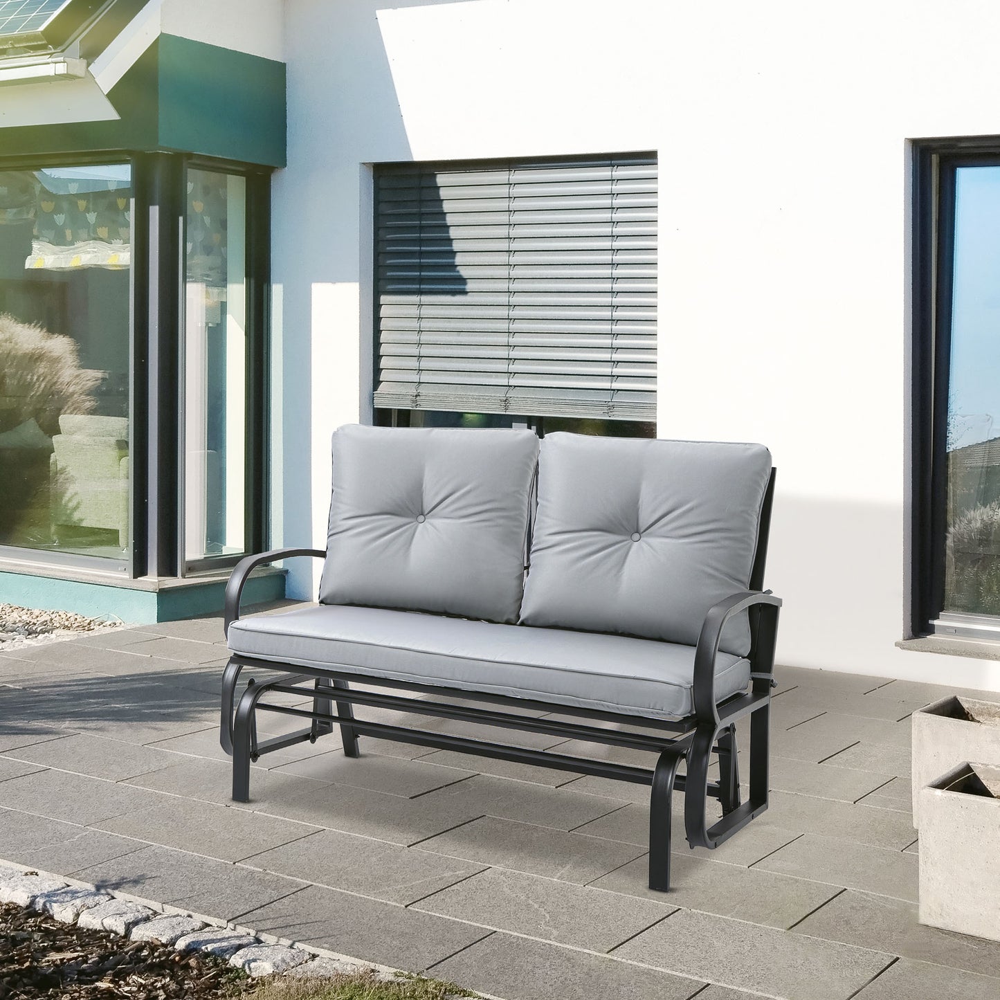 Outsunny 2-Person Outdoor Glider Chair, Patio Double Rocking Loveseat w/ Steel Frame and Cushions for Backyard, Garden, Grey | Aosom Canada