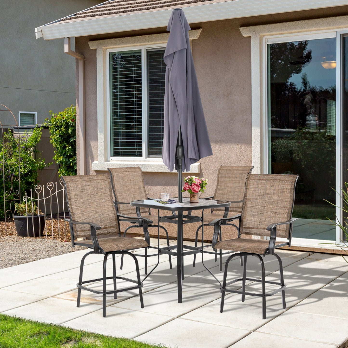 Outsunny 5 Pieces Patio Furniture Set, Garden Conversation Set with Tempered Glass Table, 4 Swivel Chairs and Umbrella Hole, Brown | Aosom Canada