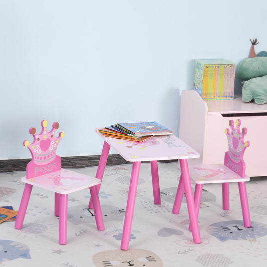 Qaba 3-Piece Set Kids Wooden Table Chair with Crown Pattern Easy to Clean Gift for Girls Toddlers Age 3 to 8 Years Old Pink|Aosom Canada