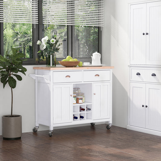 HOMCOM Kitchen Island, Bar Cart on Wheels with Large Counter, 2 Spacious Drawers & Storage Cabinets, Wine Rack, White | Aosom Canada