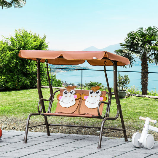 Outsunny 2-Seat Kids Canopy Swing, Children Outdoor Patio Lounge Chair with Adjustable Awning, Seat Belt, Monkey Pattern, Coffee | Aosom Canada