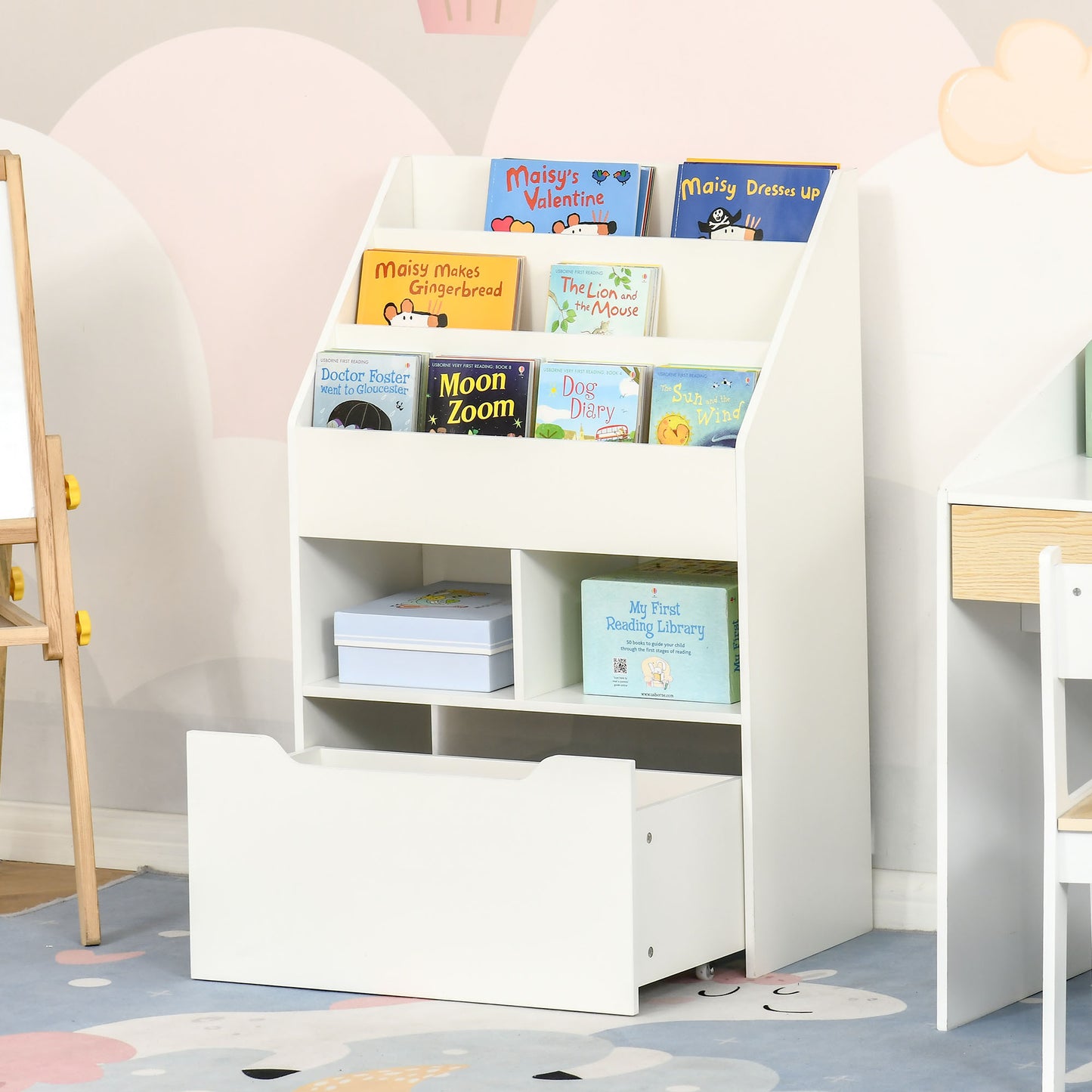 HOMCOM Kids Bookcase Multi-Shelf Book Rack Organizer with Mobile Drawer for Book Magazine Toy Study Bedroom Playroom White | Aosom Canada