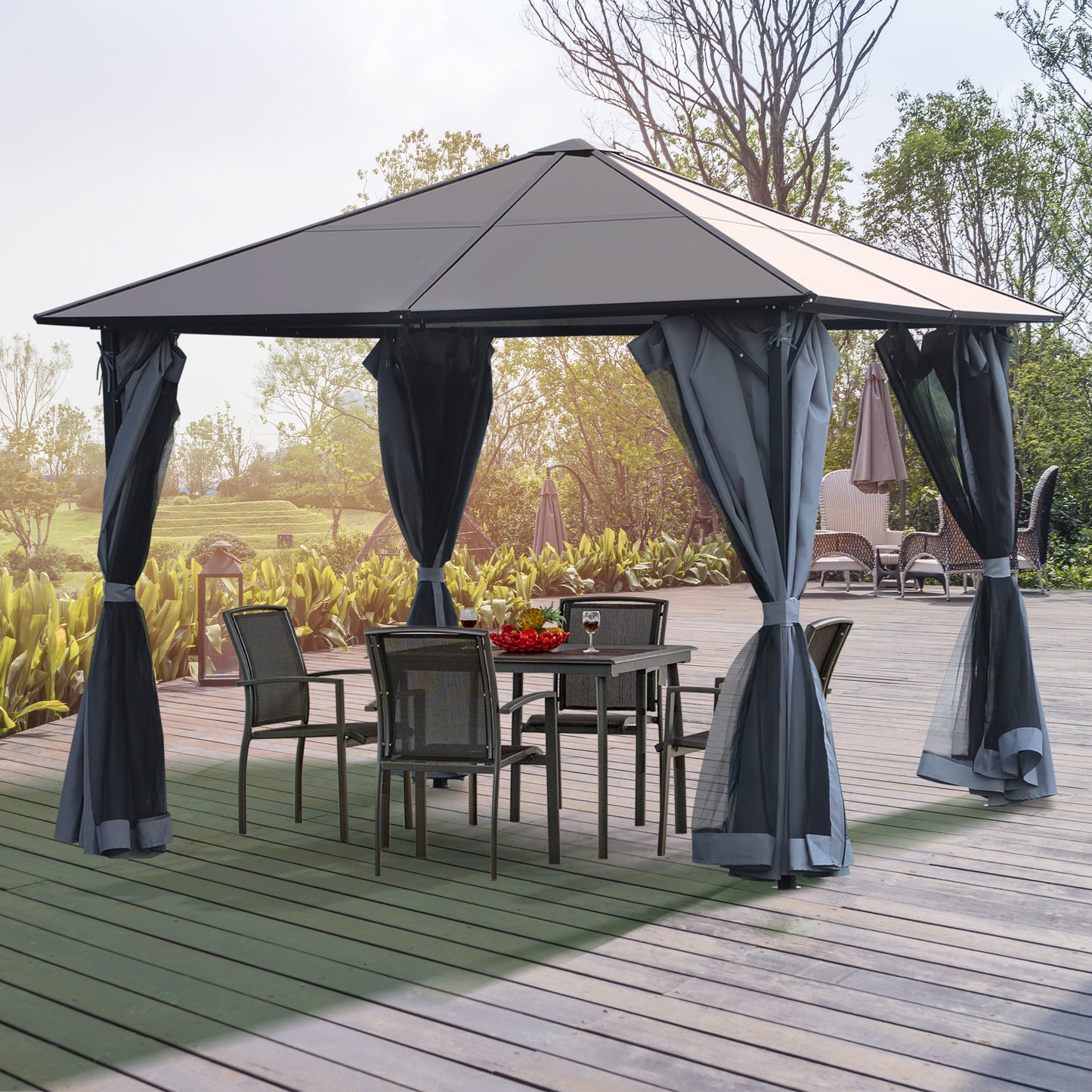Outsunny 9.8' x 9.8' Garden Aluminium Gazebo Hardtop Roof Canopy Marquee Party Tent Patio Outdoor Shelter with Mesh Curtains & Side Walls - Grey | Aosom Canada