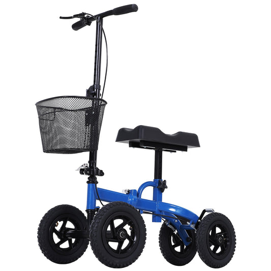 HOMCOM All Terrain Knee Walker Scooter Foldable Mental Steerable Walker w/ Mental Storage Basket Scooter Crutch Alternative Blue/Black | Aosom Canada