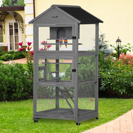 PawHut 71" Bird Cage Large Mobile Wooden Aviary for Canary Cockatiel with Wheel Perch Nest Ladder Slide-out Tray, Dark Grey | Aosom Canada