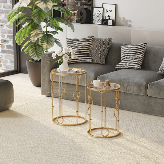 HOMCOM Round Coffee Tables Set of 2, Gold Nesting Side End Tables with Tempered Glass Top, Steel Frame for Living Room | Aosom Canada