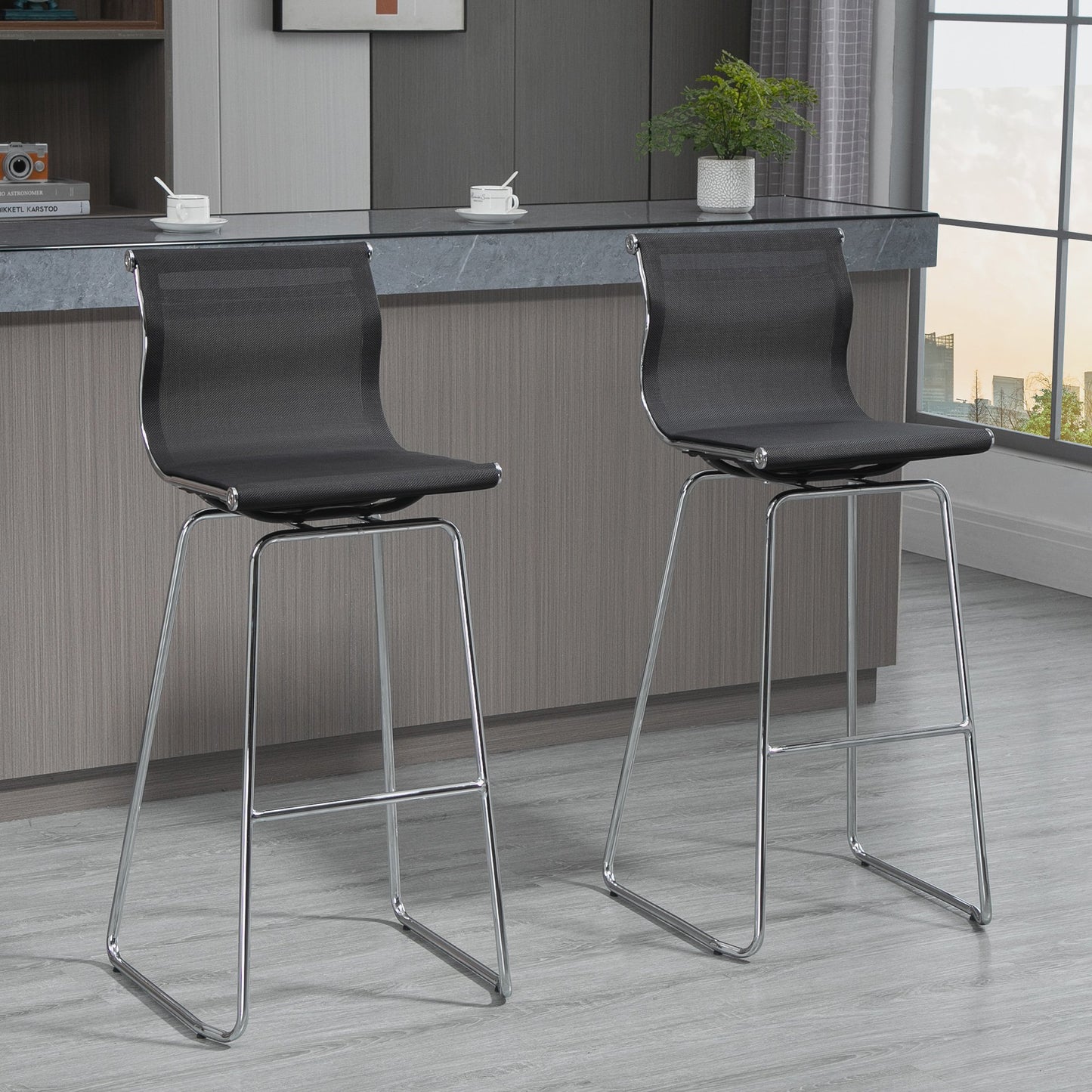 HOMCOM DUO Bar Stool Pub Chair Set Dining Stools w/ Backrest Steel Legs Breathable Mesh Seat Modern Elegant, Black | Aosom Canada