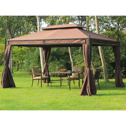 Outsunny 10x13ft Garden Gazebo Double-Tiered with Curtain Outdoor Shelter Backyard Canopy Coffee | Aosom Canada
