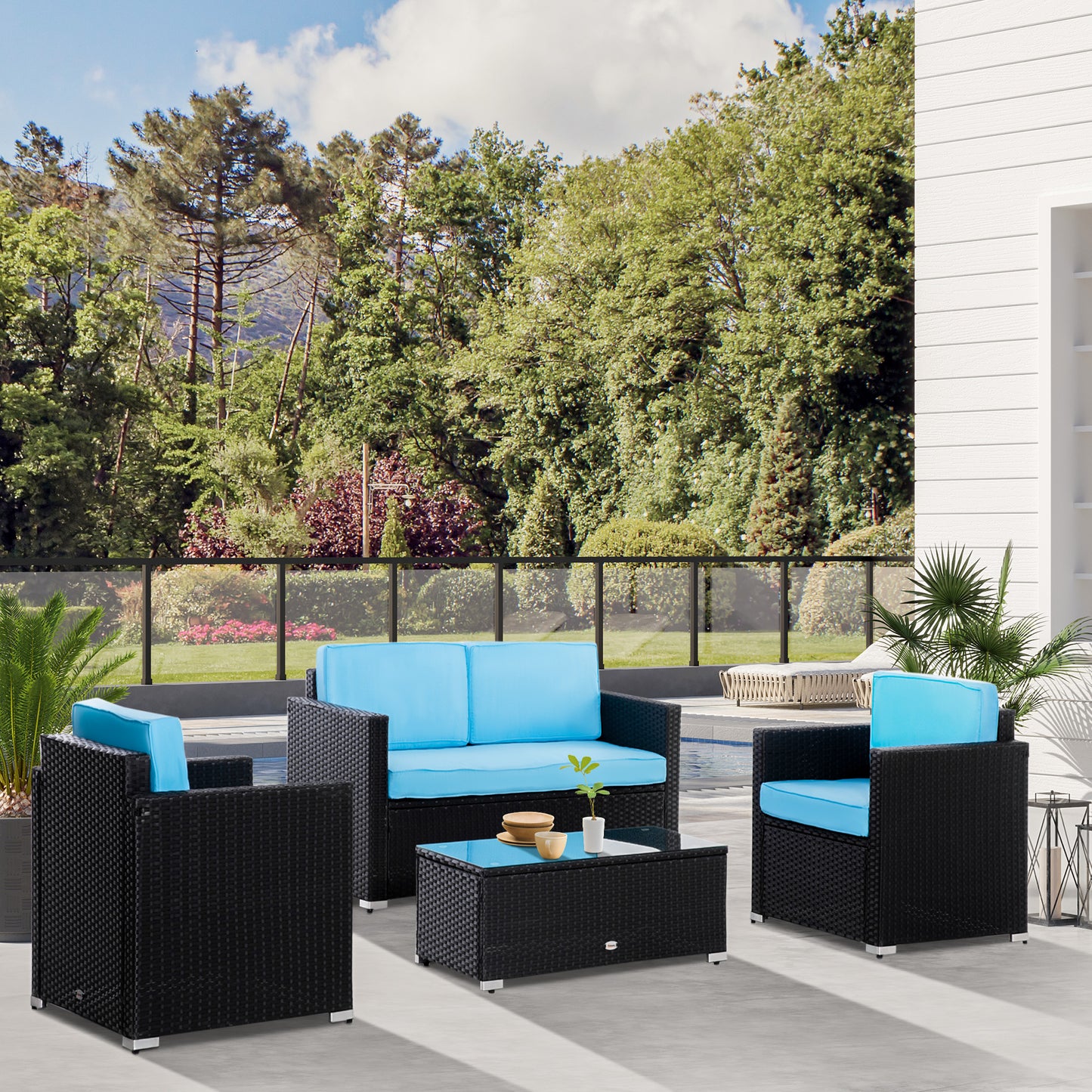 Outsunny 4 Pieces Patio Wicker Sofa Set, Outdoor PE Rattan Extra Wide Seat Conversation Furniture w/ Tempered Glass Table-top, Sky Blue | Aosom Canada