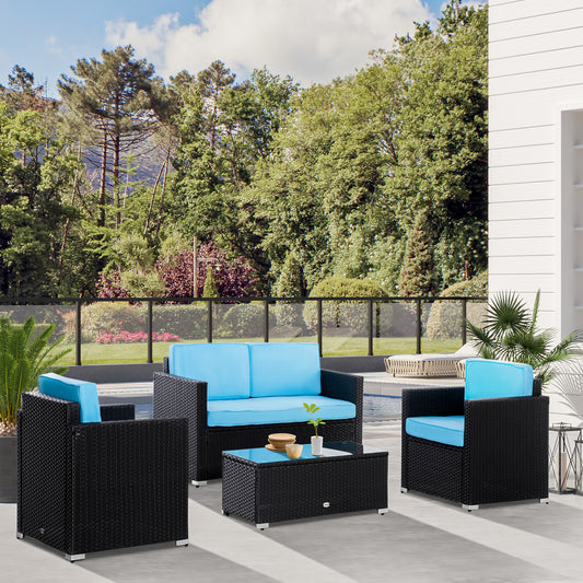 Outsunny 4 Pieces Patio Wicker Sofa Set, Outdoor PE Rattan Extra Wide Seat Conversation Furniture w/ Tempered Glass Table-top, Sky Blue | Aosom Canada